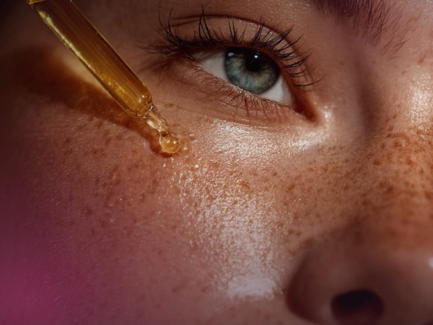Luxury serum dropper on skin — editorial skincare photography